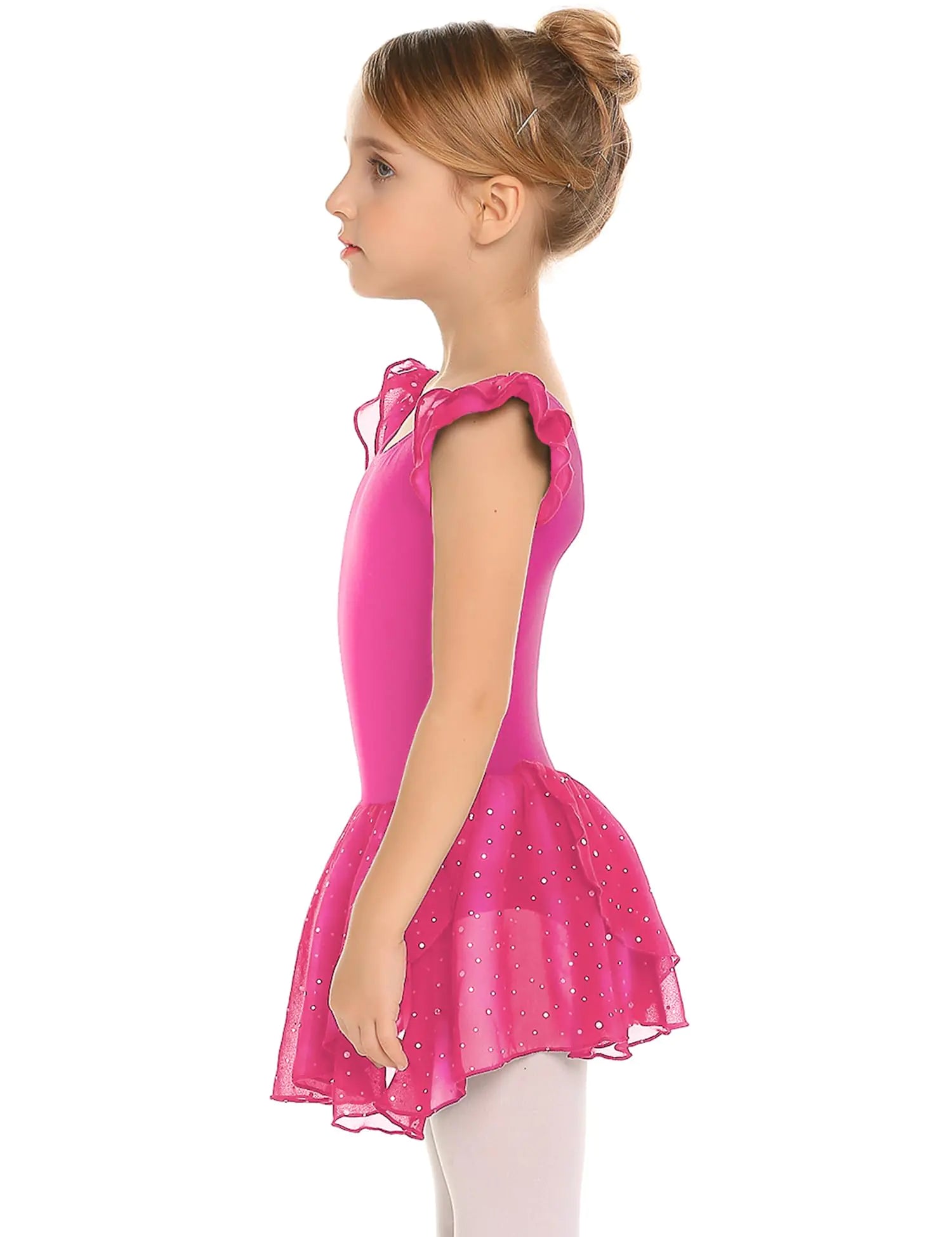 Vestido de ballet con falda y tutú y mangas con volantes de Arshiner para niñas, color rojo rosa, 8 a 9 años