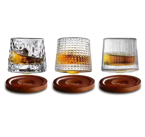 Verre à whisky rotatif avec base en bois