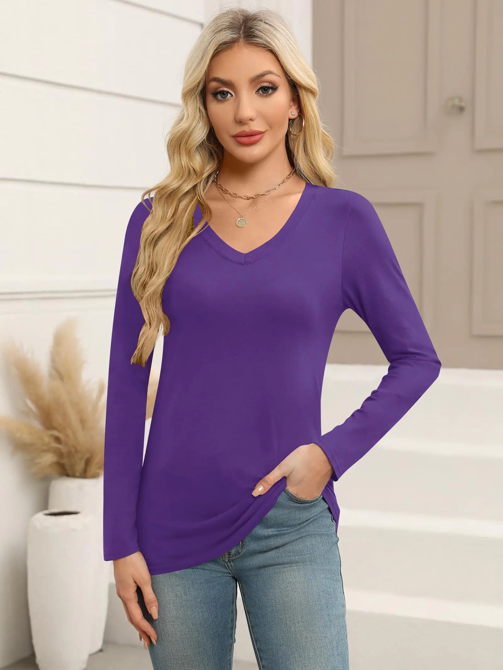 Elesomo Women Shirts V Neck Short/Long Sleeve Cotton Tops T-Shirt Basic Tees Large A:purple - Vivareflex Online