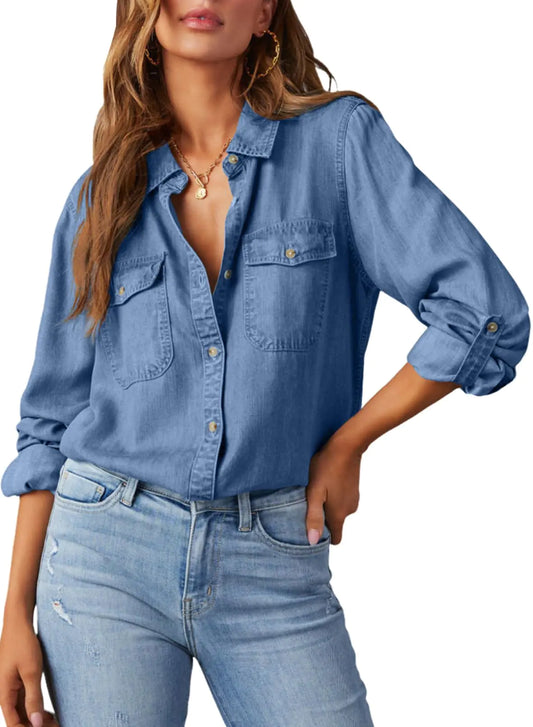 Chemises en jean boutonnées pour femmes Astylish 2024 Chemisier décontracté à manches longues et col en V en chambray Grand bleu ciel