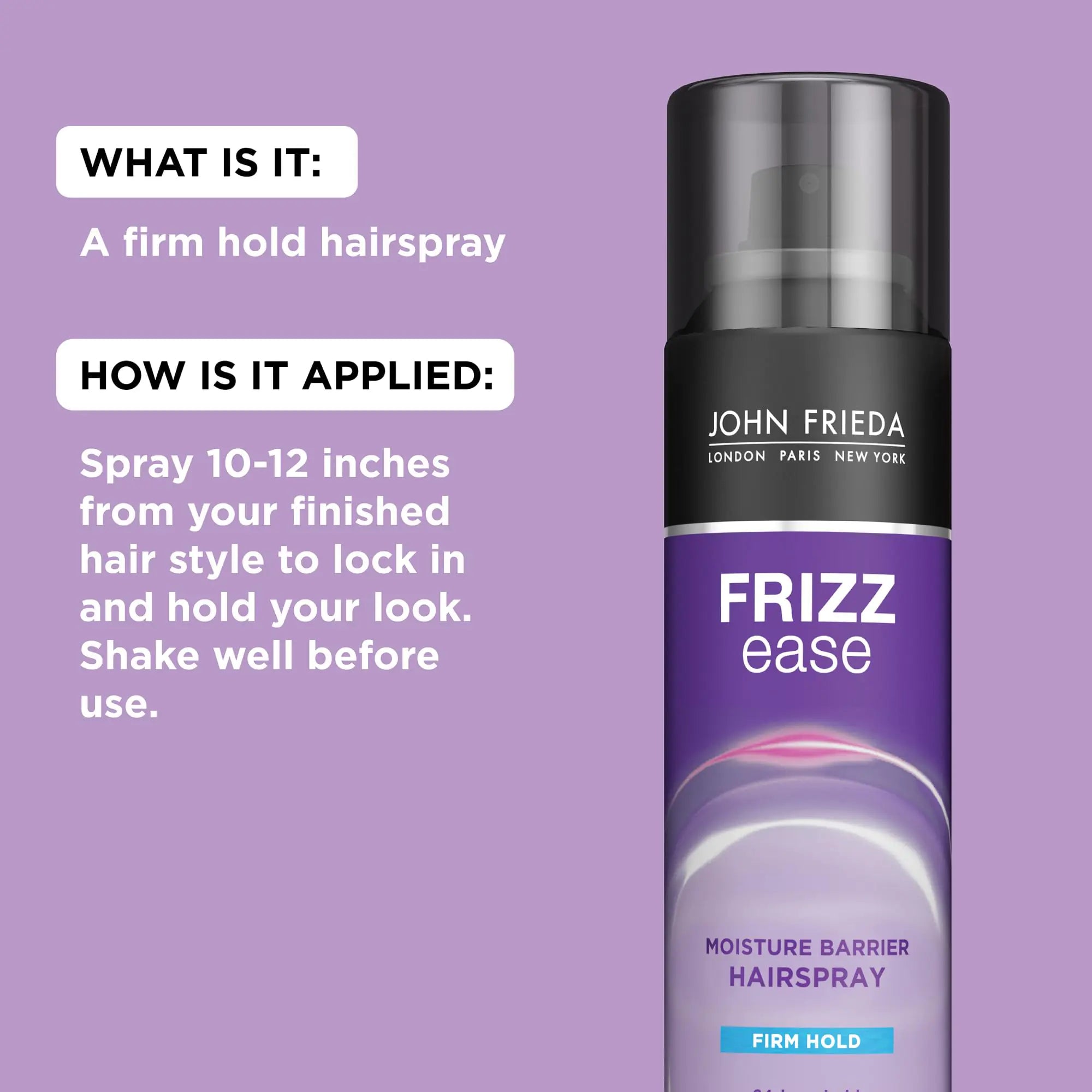 John Frieda Anti Frizz, Frizz Ease Firm Hold Hairspray, Spray antihumedad para el cabello, para una fijación de 24 horas, 12 oz, paquete de 2 12 onzas (paquete de 2) 