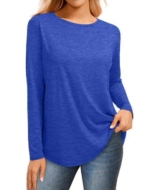 WIHOLL T-shirt à manches longues pour femme 2024 Col bateau T-shirt basique décontracté Hauts d'automne Chemisiers ajustés pour femme Bleu Large