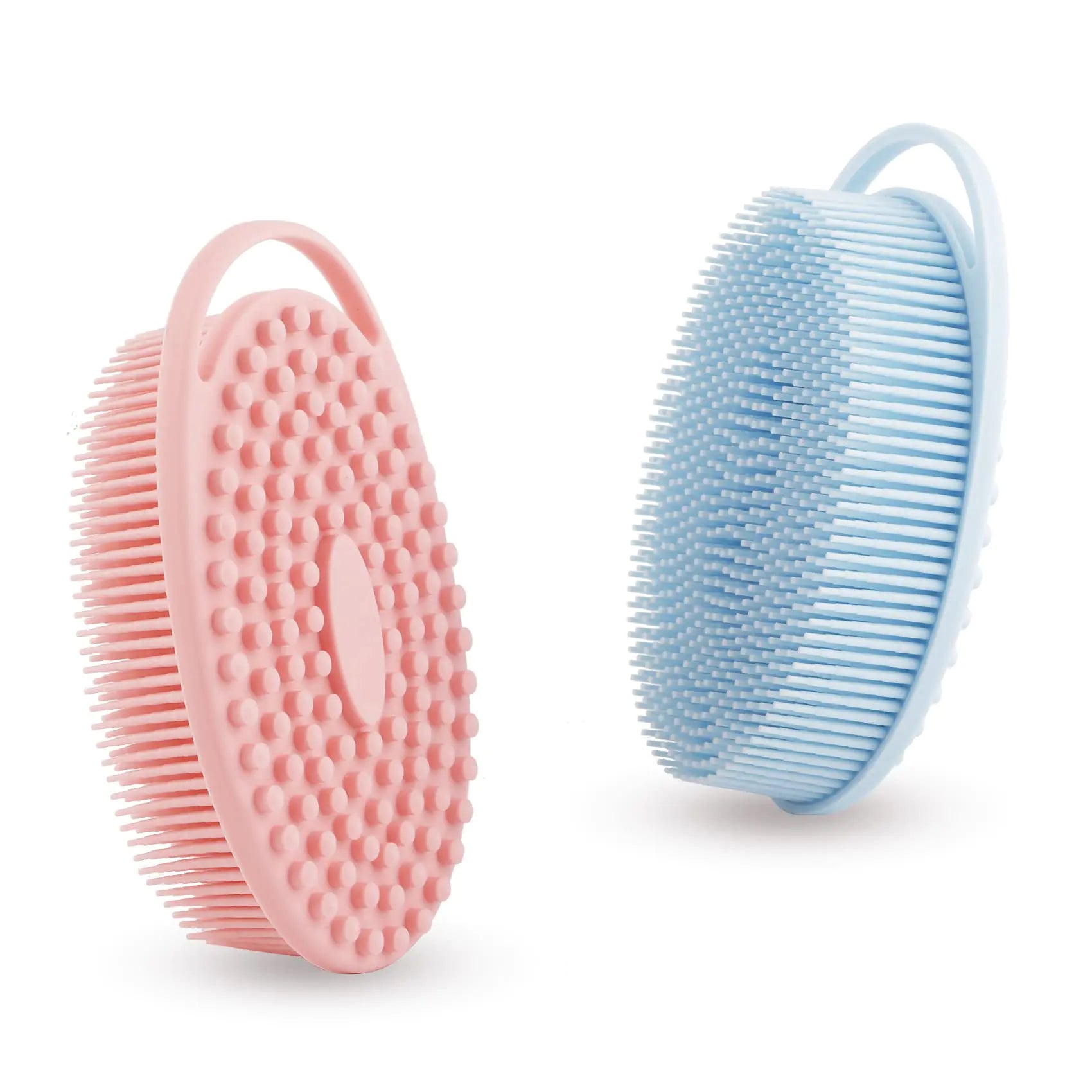 2 exfoliantes corporales de silicona suave para ducha corporal, esponja de silicona 2 en 1, cepillo para baño y champú, exfoliante corporal para ducha, limpieza para pieles sensibles, buena espuma (rosa y azul) rosa azul 