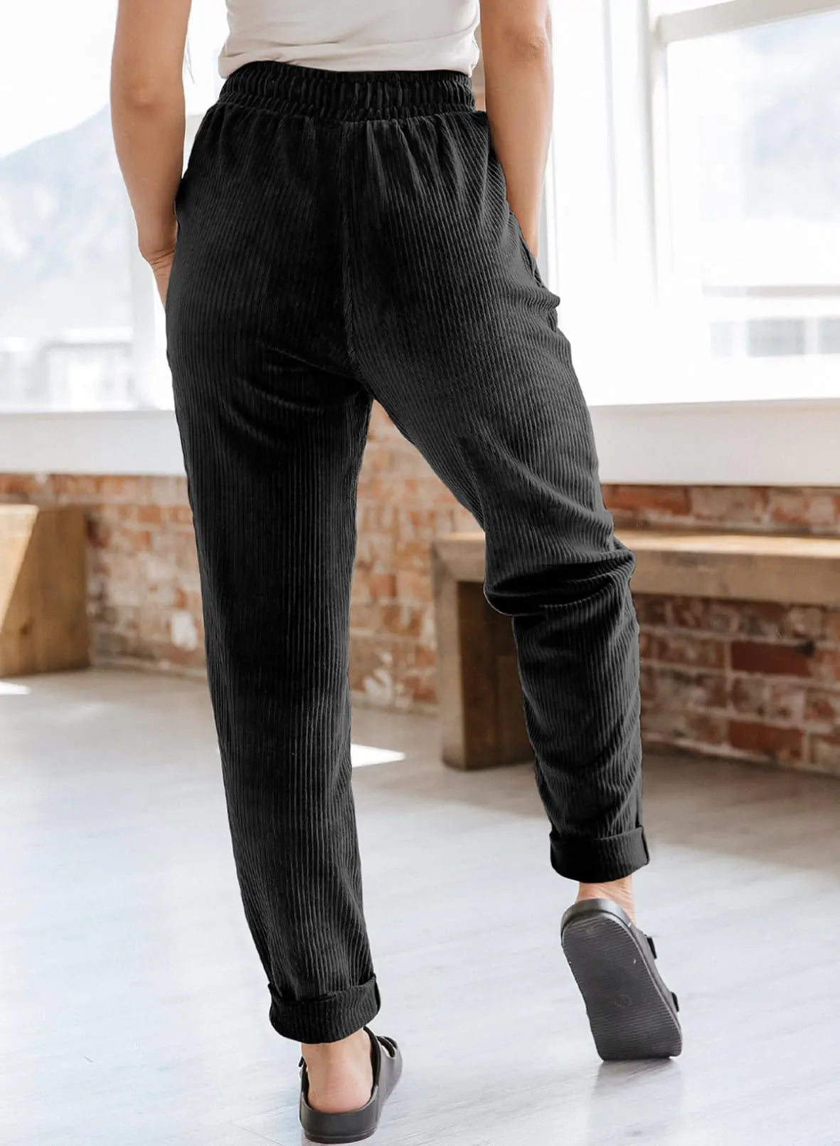 EVALESS Corduroy Pants for Women Casual Drawstring Elastic High Waist Straight Leg Pants Loose Comfy Trousers with Pockets Small B1 Black