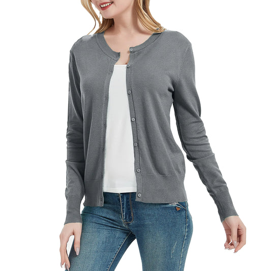 Huuloo Women's Crew Neck Button Down Long Sleeve Cardigan Sweater - Silver Grey XX-Large