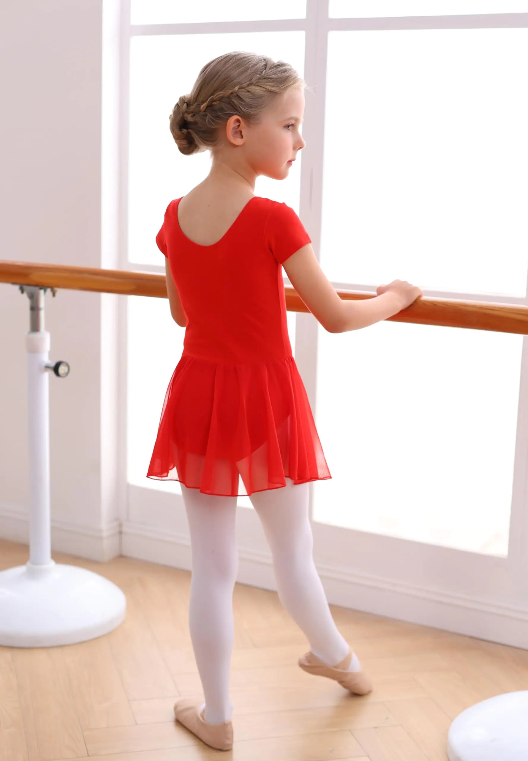 MdnMd Toddler Ballet Leotards for Girls Dance Leotards with Skirt Gymnastic Ballerina Outfit Dress Classic Short Sleeve Red 8-10 Years