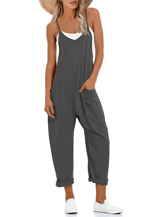 Muchpow Women's V Neck Sleeveless Jumpsuits Spaghetti Straps Harem Long Pants Overalls With Pockets Large Dark Grey - Vivareflex Online