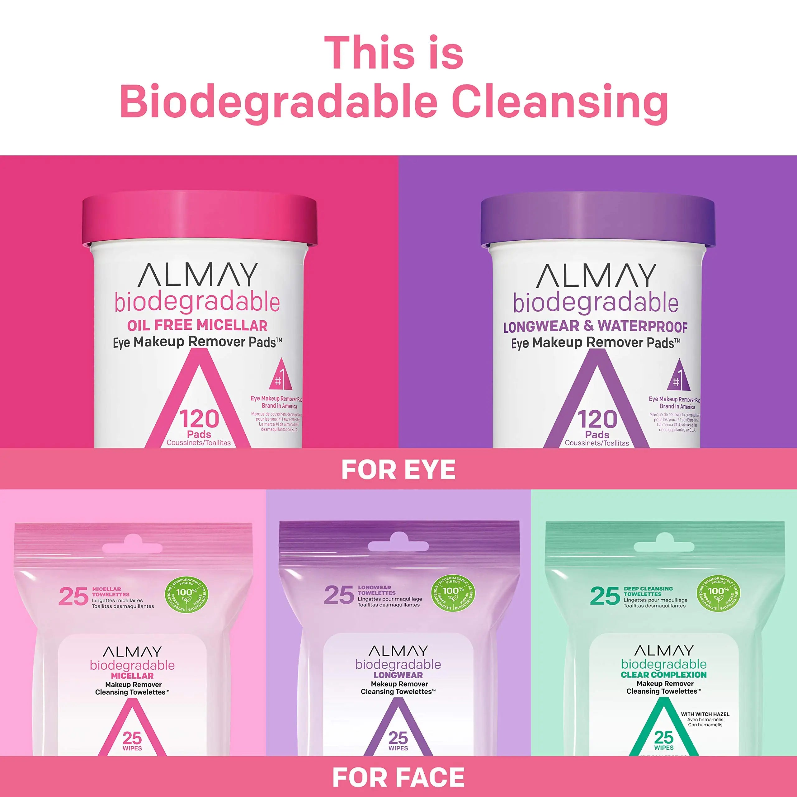 Almay Biodegradable Micellar Eye Makeup Remover Pads - 120 Count (Pack of 2) - Hypoallergenic & Fragrance-Free