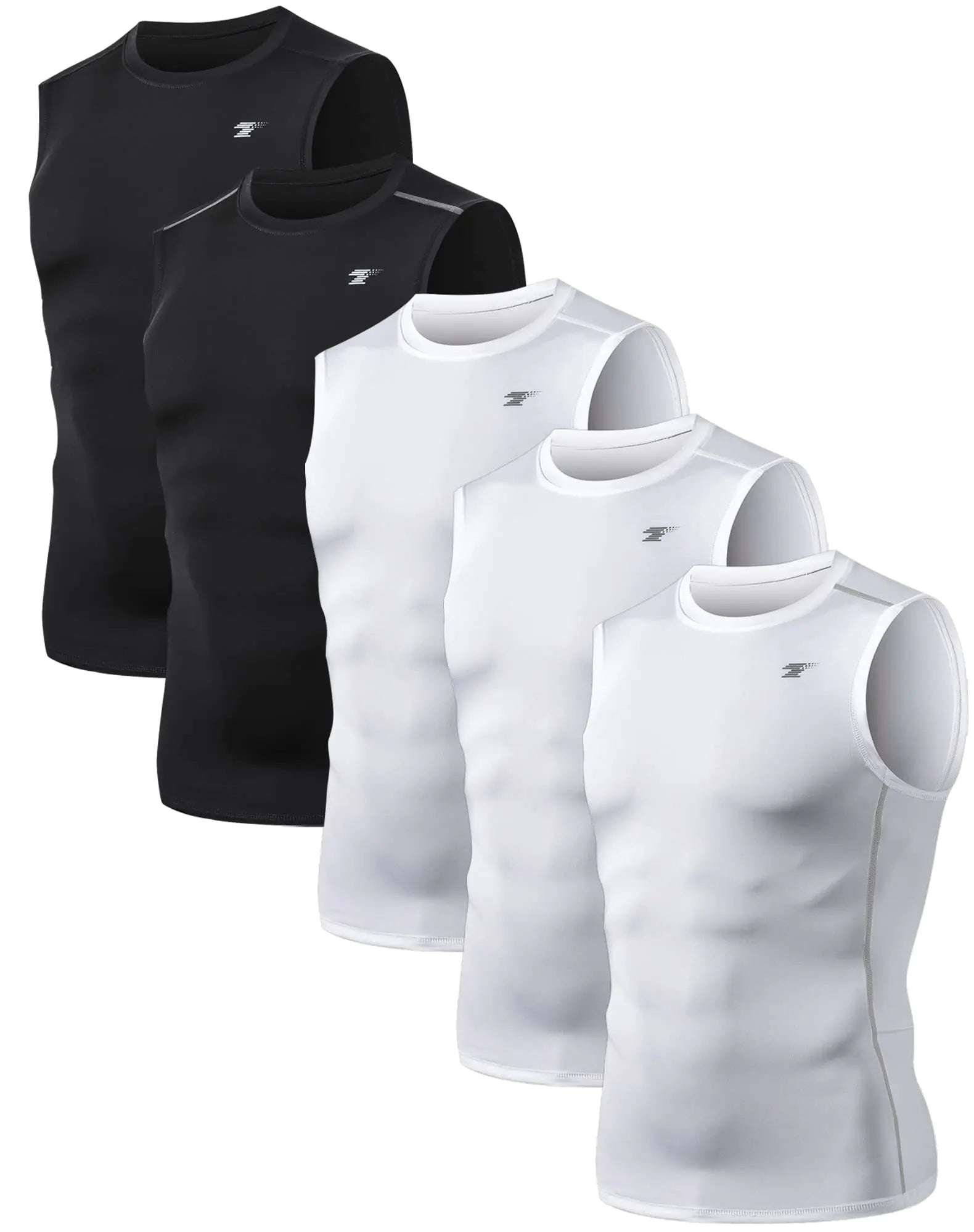 TELALEO - Paquete de 5 camisetas de compresión deportivas para hombre, sin mangas, para entrenamiento, capa base deportiva, para correr, baloncesto, color negro y blanco (paquete de cinco), tamaño mediano 