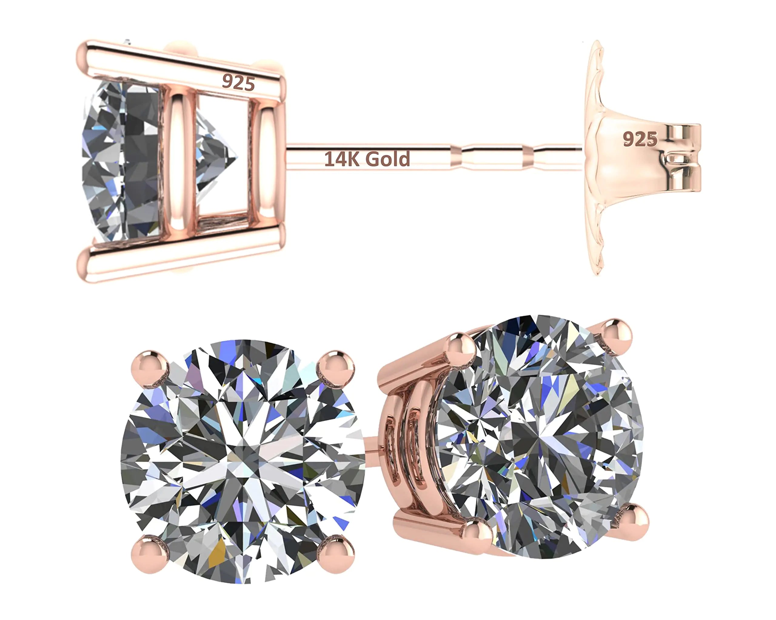 Aros con diamantes simulados en plata y poste de oro macizo de 14 quilates: aros con circonita cúbica de 0,30 ct a 8,00 ct, poste de oro de 14 quilates y plata esterlina, rosa de 0,8 quilates 