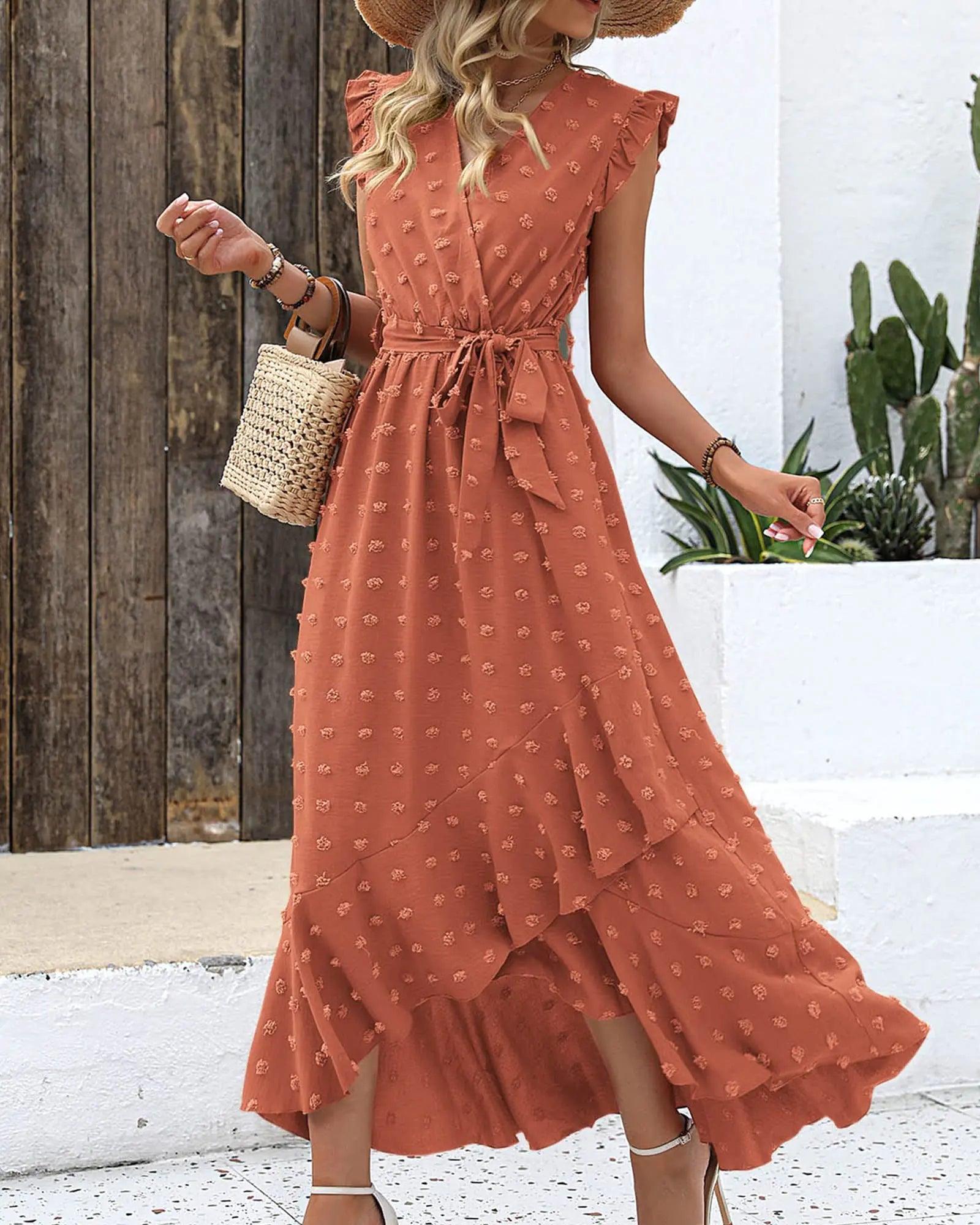 BTFBM Vestido largo de verano 2024 con escote en V para mujer, manga corta, lunares suizos, bohemio, con volantes y abertura para playa, cóctel, fiesta, holgado, con lunares suizos, naranja y rojo 