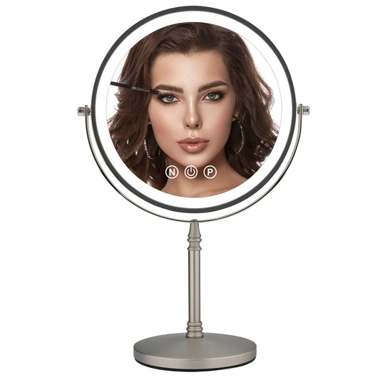 Grand miroir de maquillage de 9 po avec lumières – Grossissement 1X/10X, intensité variable 3 couleurs, rotation à 360°, nickel mat