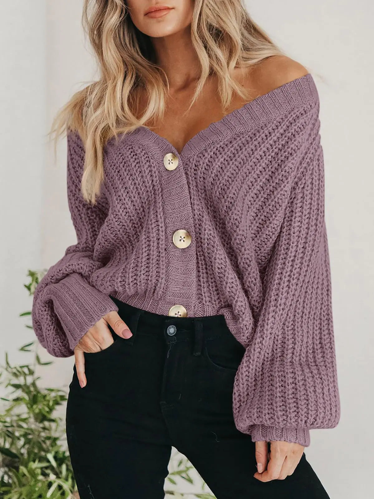 PRETTYGARDEN Pull en tricot épais ouvert sur le devant pour femme, manches longues, boutons, cardigan court ample, vêtements d'extérieur, manteaux, brume d'orchidée moyenne