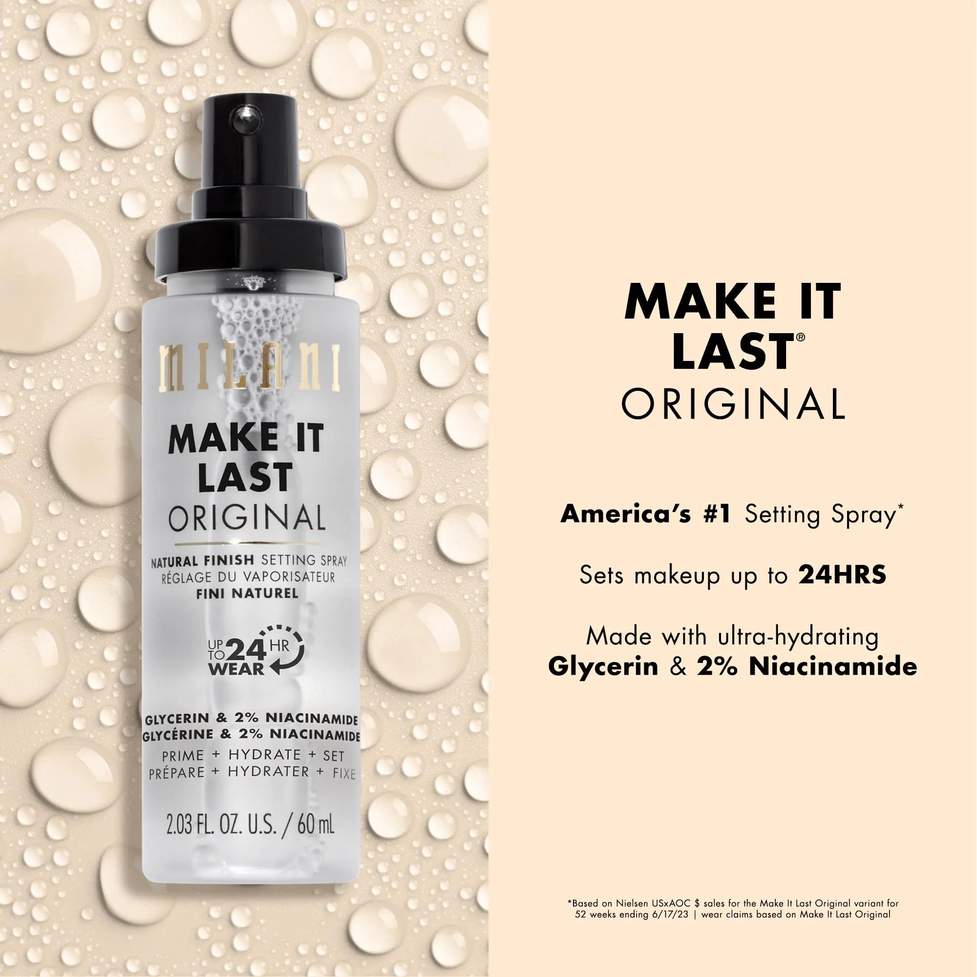 Milani Make It Last Original - Spray fijador de acabado natural Spray fijador y base 3 en 1: Prime + Correct + Set Spray y base de acabado de maquillaje - Spray y base de maquillaje de larga duración 2.03 Fl. Oz 