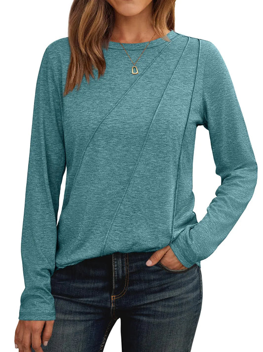 AUTOMET Womens Long Sleeve Shirts Pleated Crew Neck Casual Fall Fashion Tops - Vivareflex Online