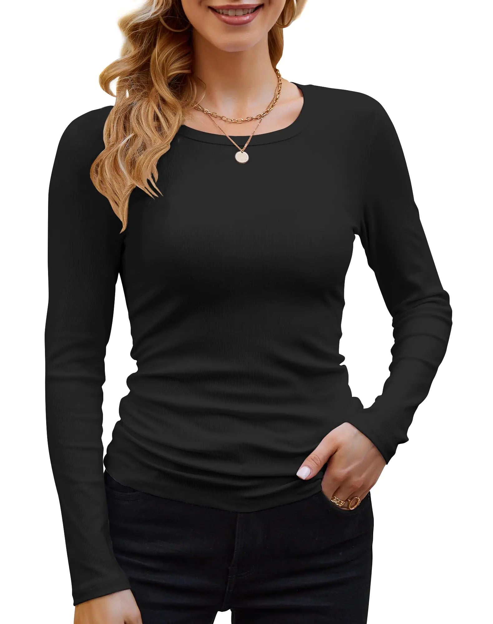 GEMBERA - Camisetas básicas ajustadas informales de cuello redondo y manga larga acanaladas para mujer, color negro mediano 