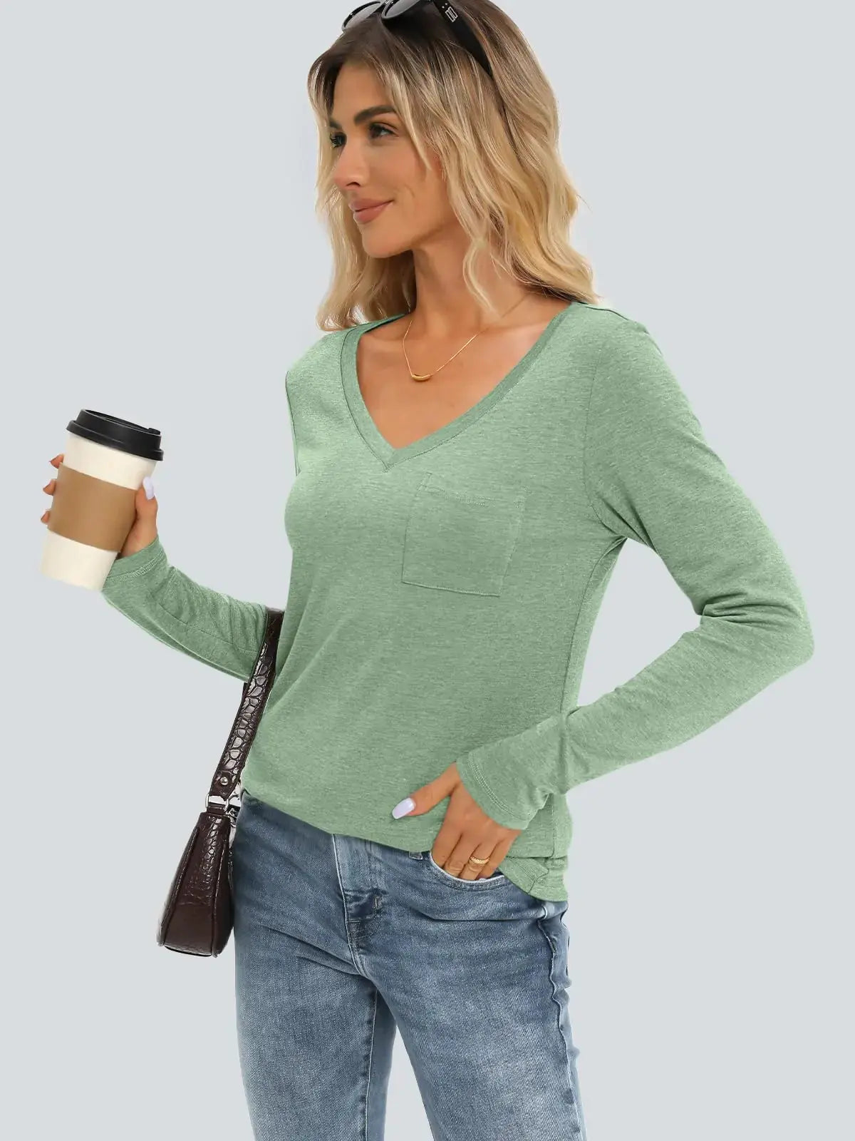 Womens Long Sleeve Shirts V Neck Casual Tops with Pockets_Vivareflex_Online