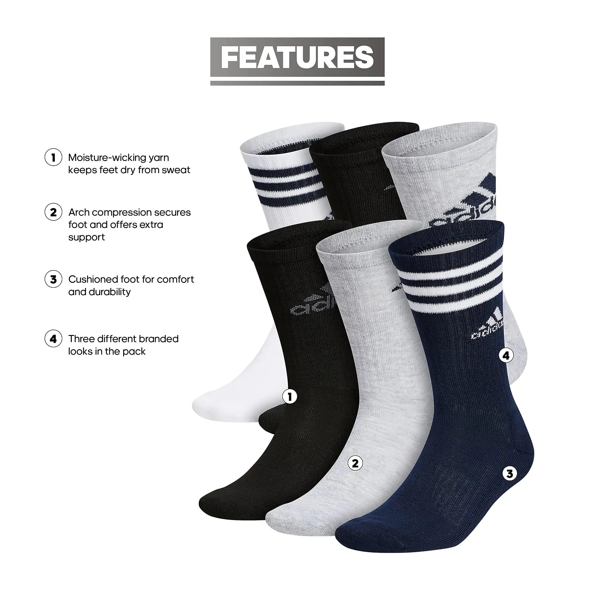 Adidas Men's Athletic Cushioned Crew Socks with Arch Compression for a Secure Fit (6-Pair) - Vivareflex Online