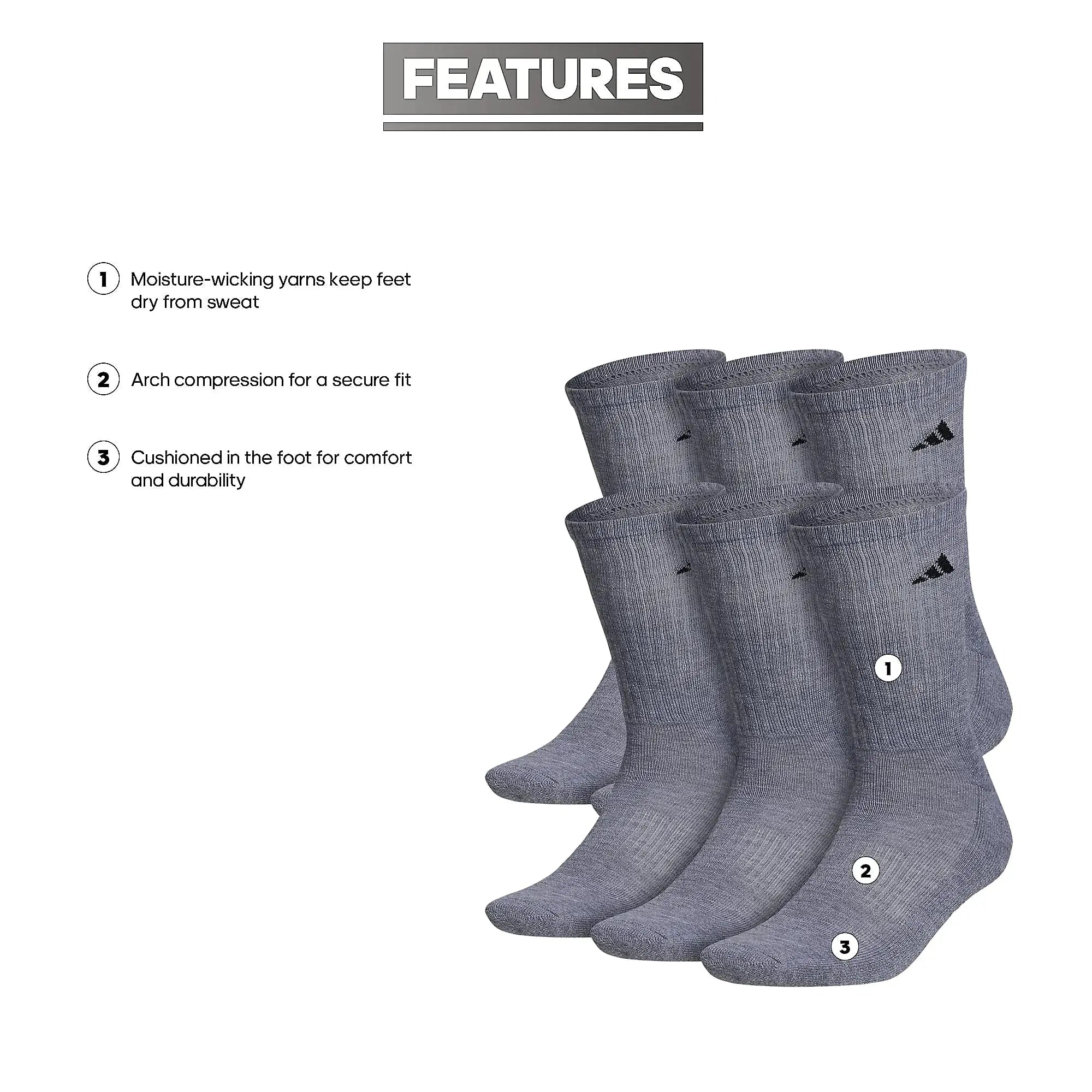 Adidas Men's Athletic Cushioned Crew Socks with Arch Compression for a Secure Fit (6-Pair) - Vivareflex Online