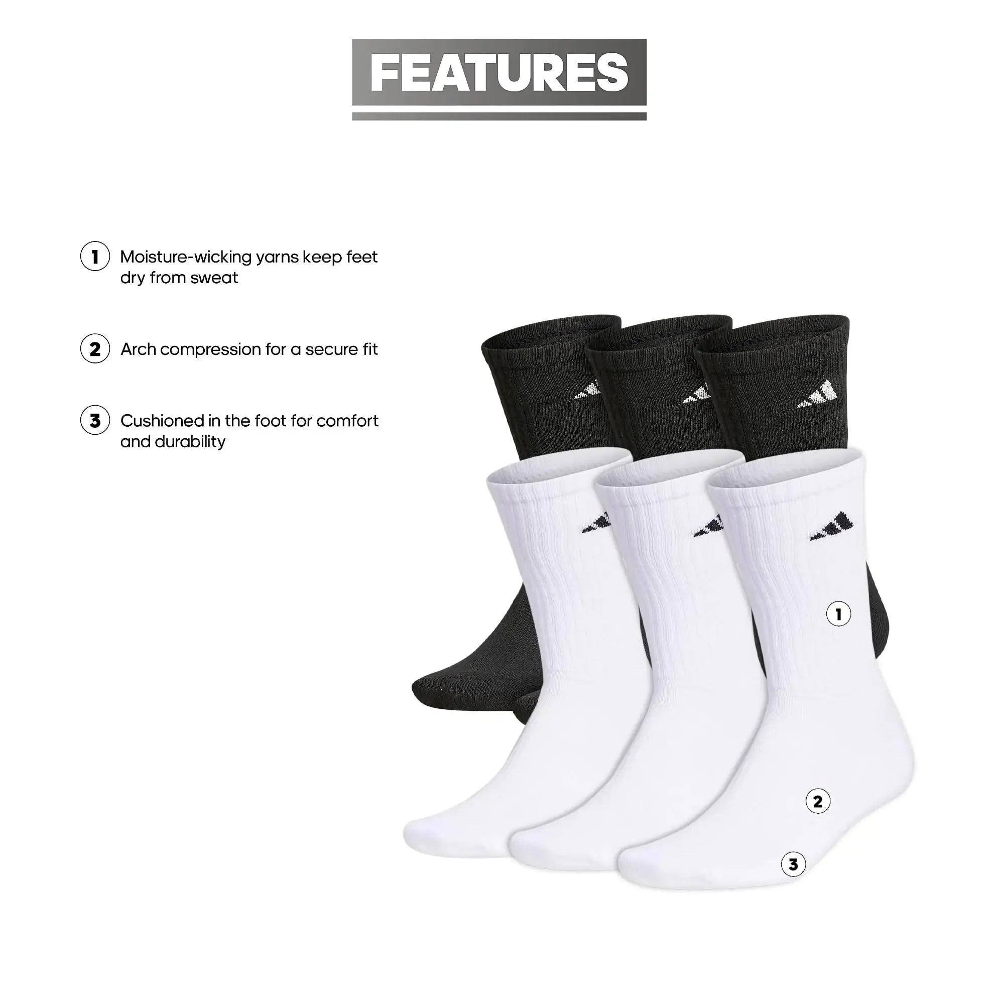Adidas Men's Athletic Cushioned Crew Socks with Arch Compression for a Secure Fit (6-Pair) - Vivareflex Online