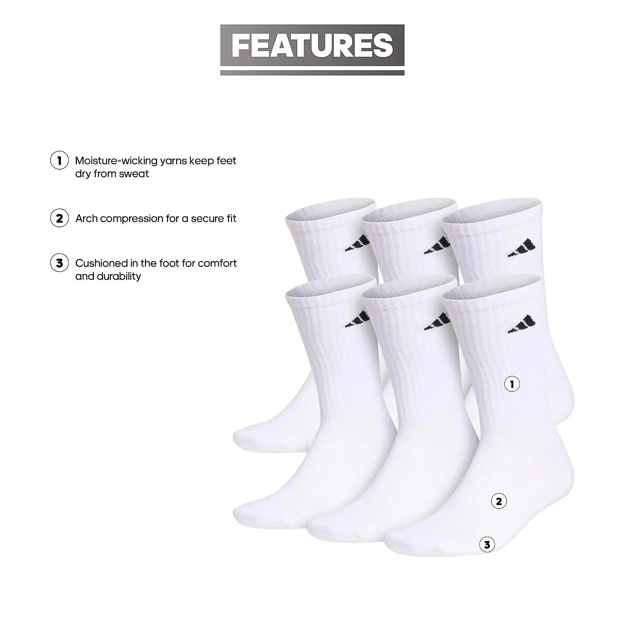 Adidas Men's Athletic Cushioned Crew Socks with Arch Compression for a Secure Fit (6-Pair) - Vivareflex Online