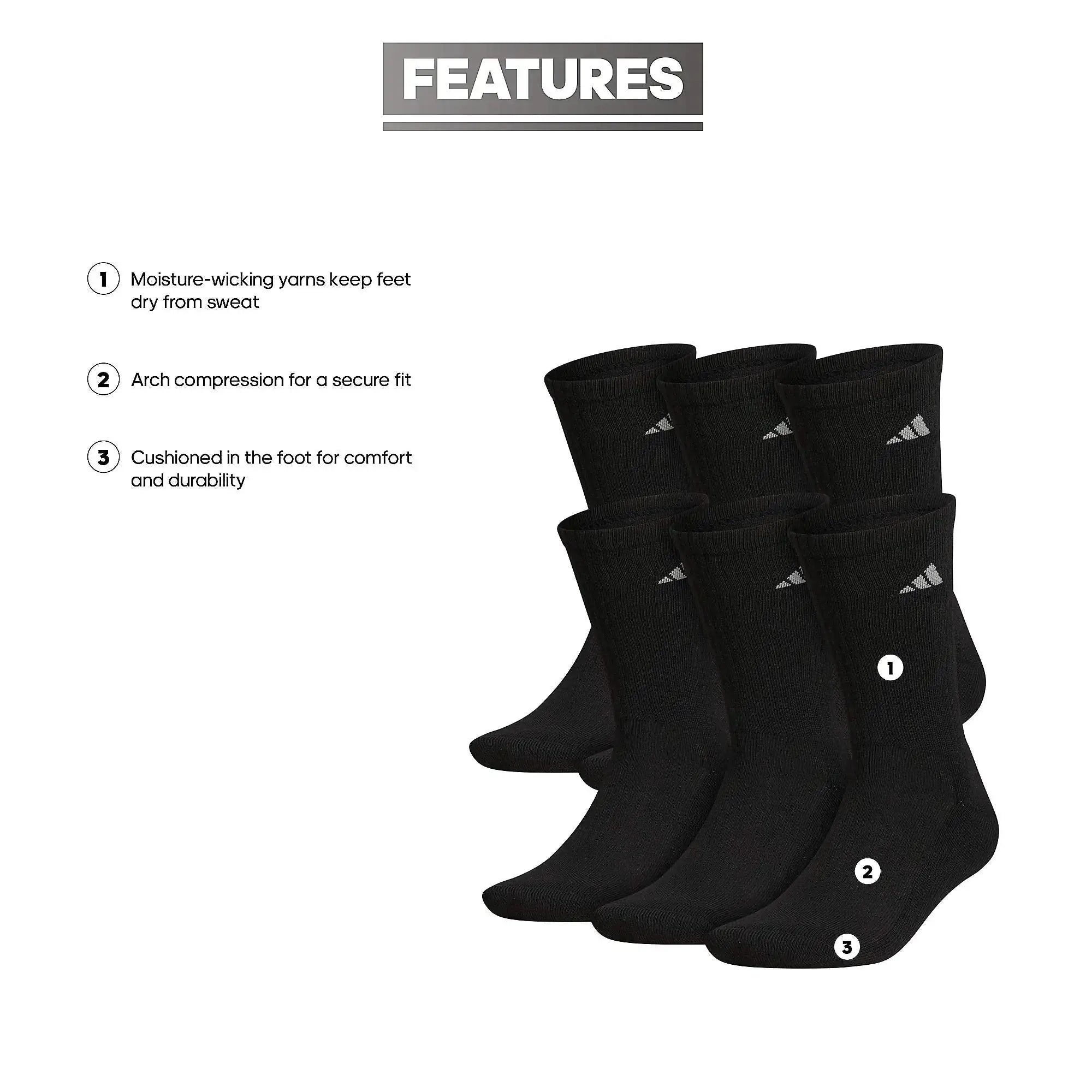 Adidas Men's Athletic Cushioned Crew Socks with Arch Compression for a Secure Fit (6-Pair) - Vivareflex Online