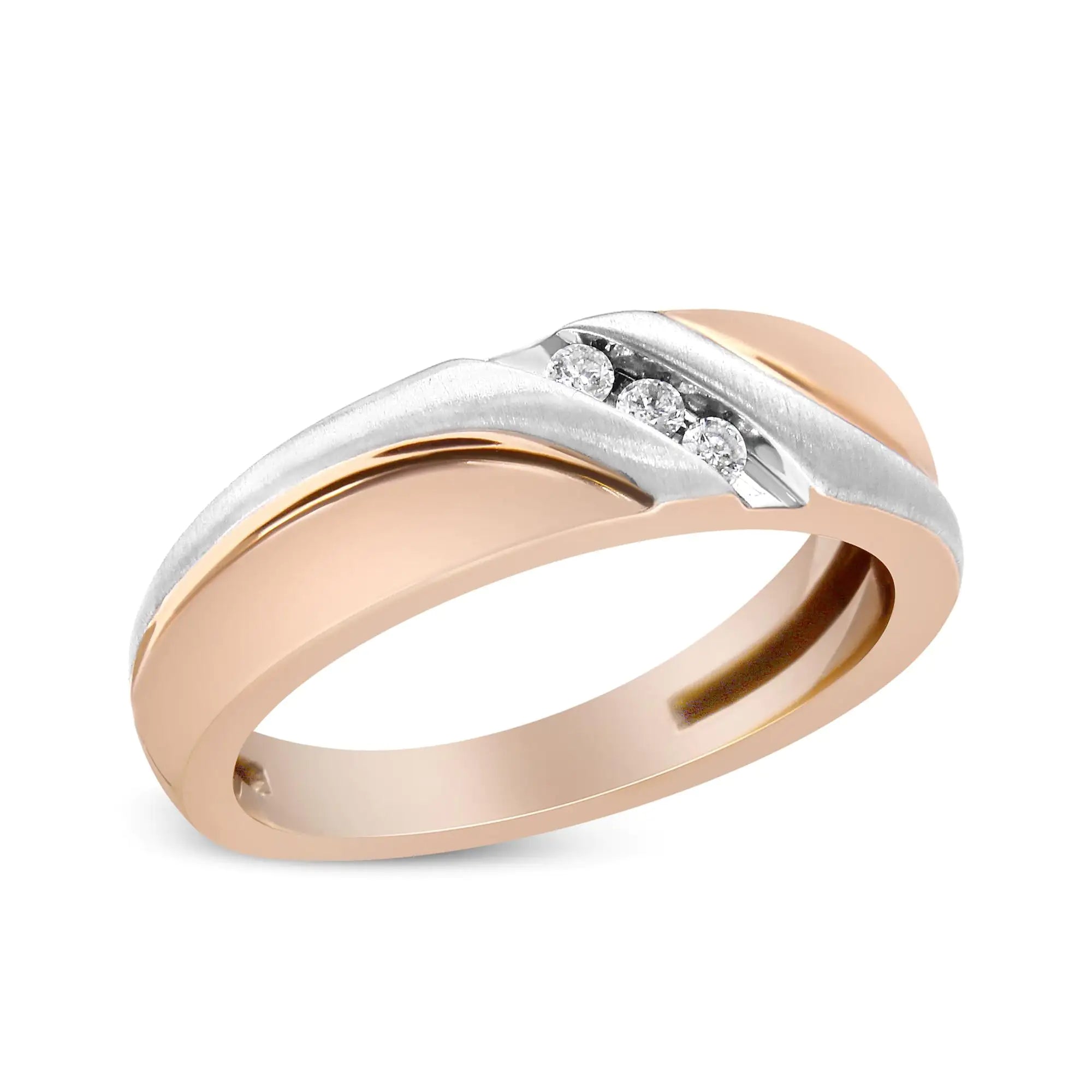 10K White and Rose Gold 1/10 Cttw 3-Stone Tension Slant Band Matte Finish Ring for Men (I-J Color, I2-I3 Clarity) Vivareflex Online