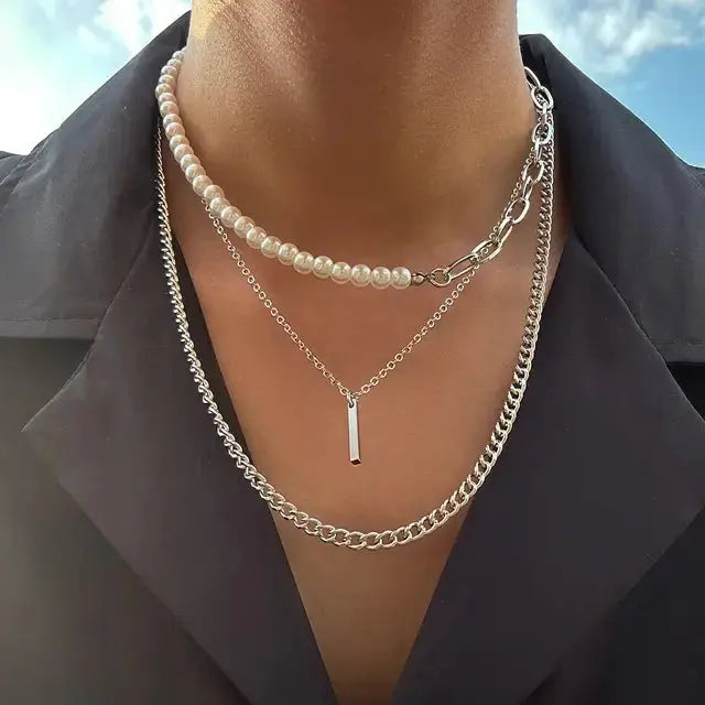 Ancient Geometric Pendant Necklace for Men with Half-Pearl Chain Choker Vivareflex Online