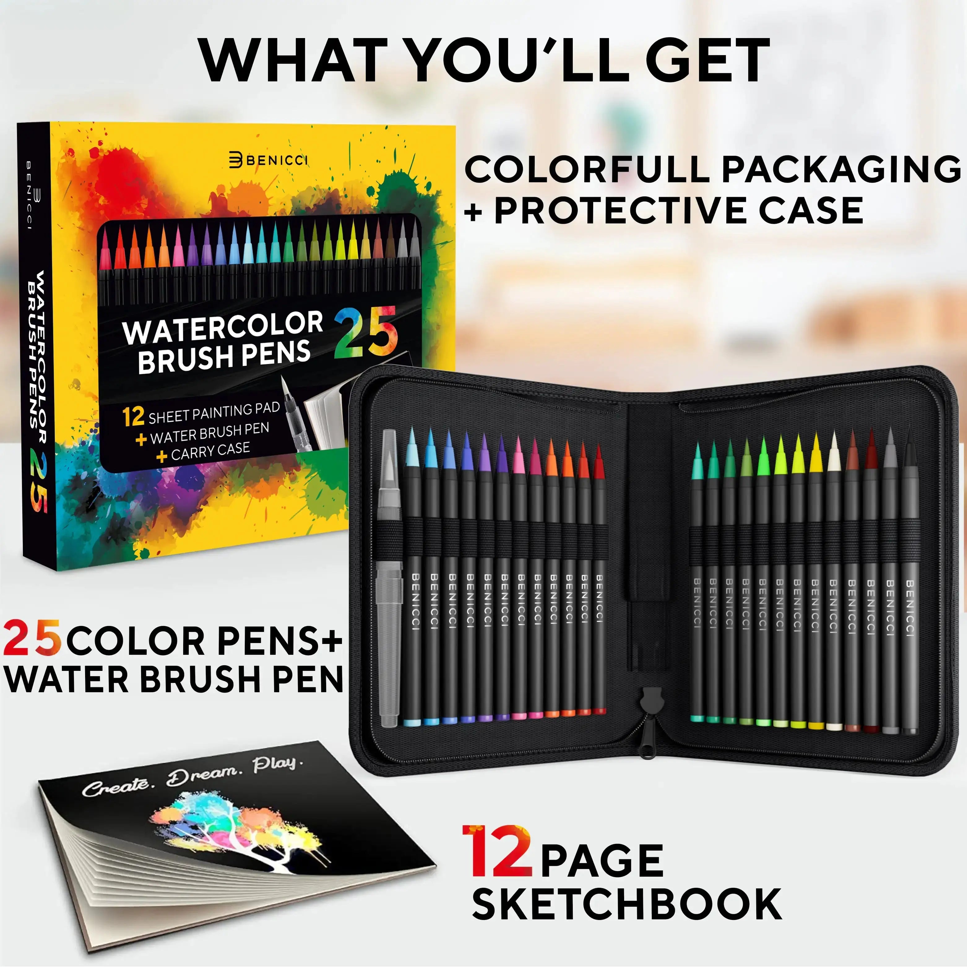 Aquarelle Brush Pen Set 25 Colors - Brilliant Watercolor Markers with Carry Case & Blending Brush for Art Vivareflex Online