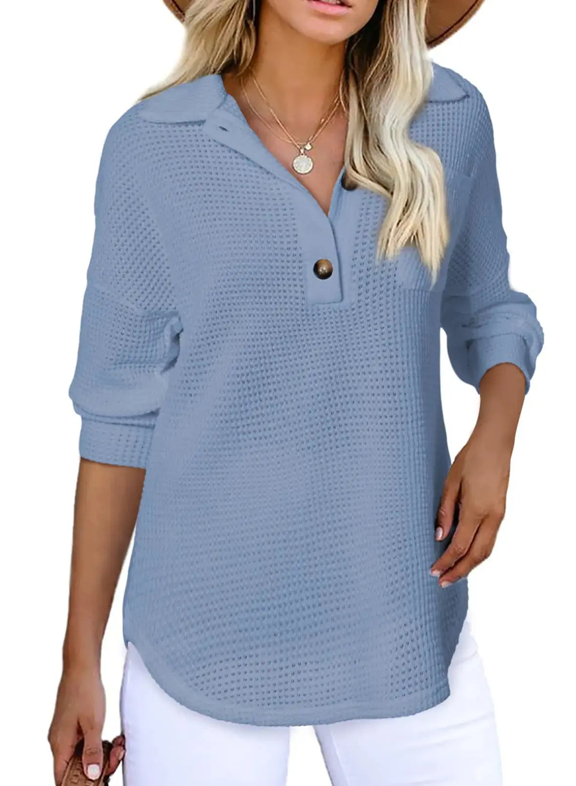 Astylish Women Waffle Knit Tops Henley Shirts Long_Vivareflex_Online