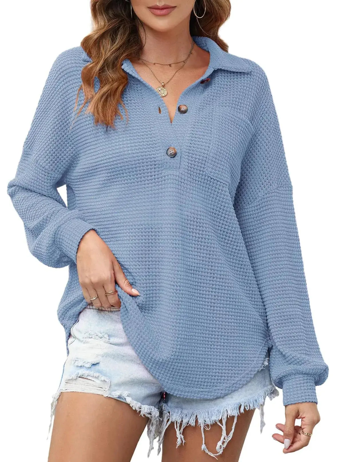 Women Waffle Knit Tops Henley Shirts Long Sleeve_Vivareflex_Online