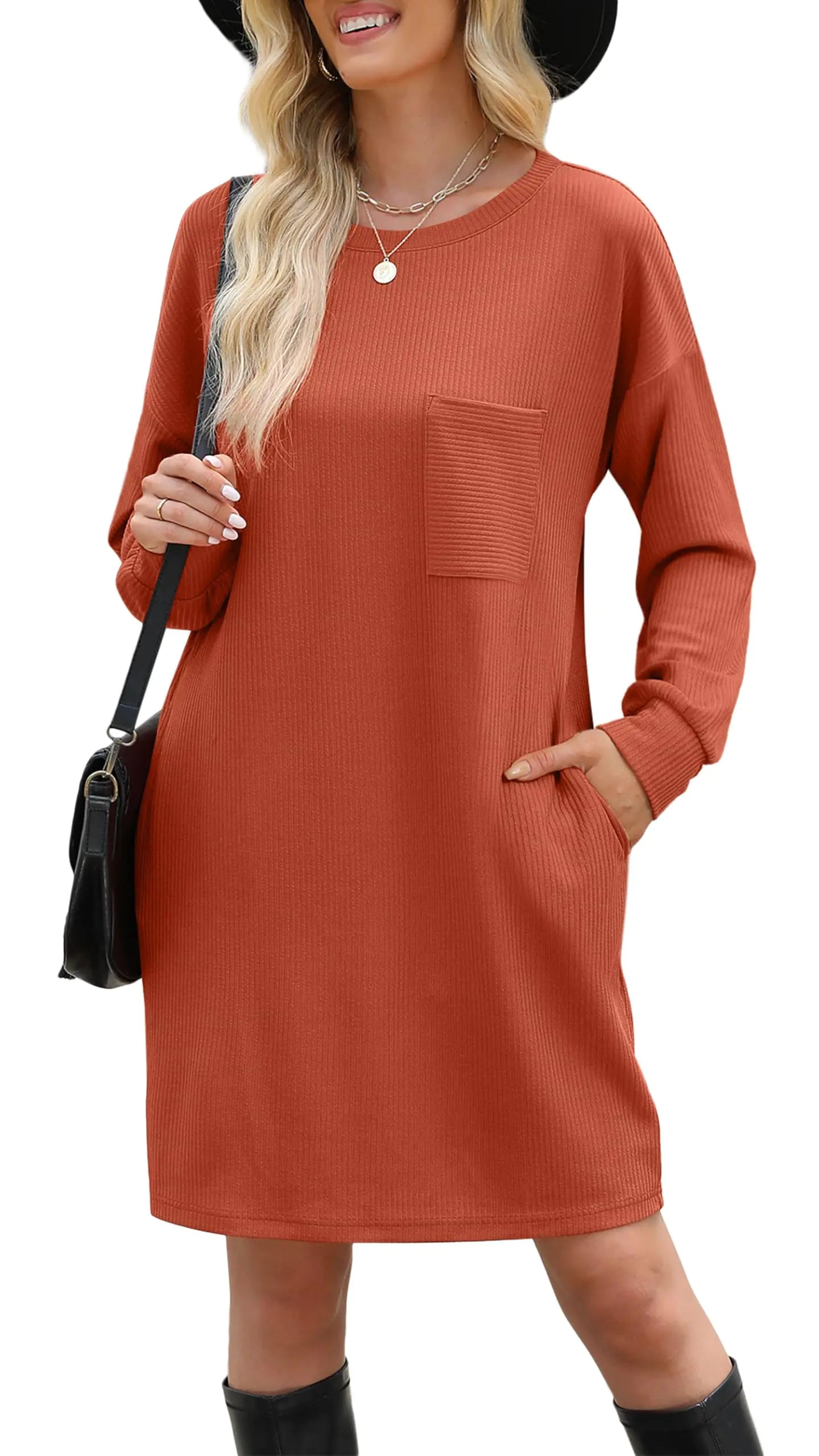 WIHOLL Robe à manches longues pour femme Coupe ample Col rond décontracté Mini robes fluides avec poches Mode automne 2024 Caramel Large