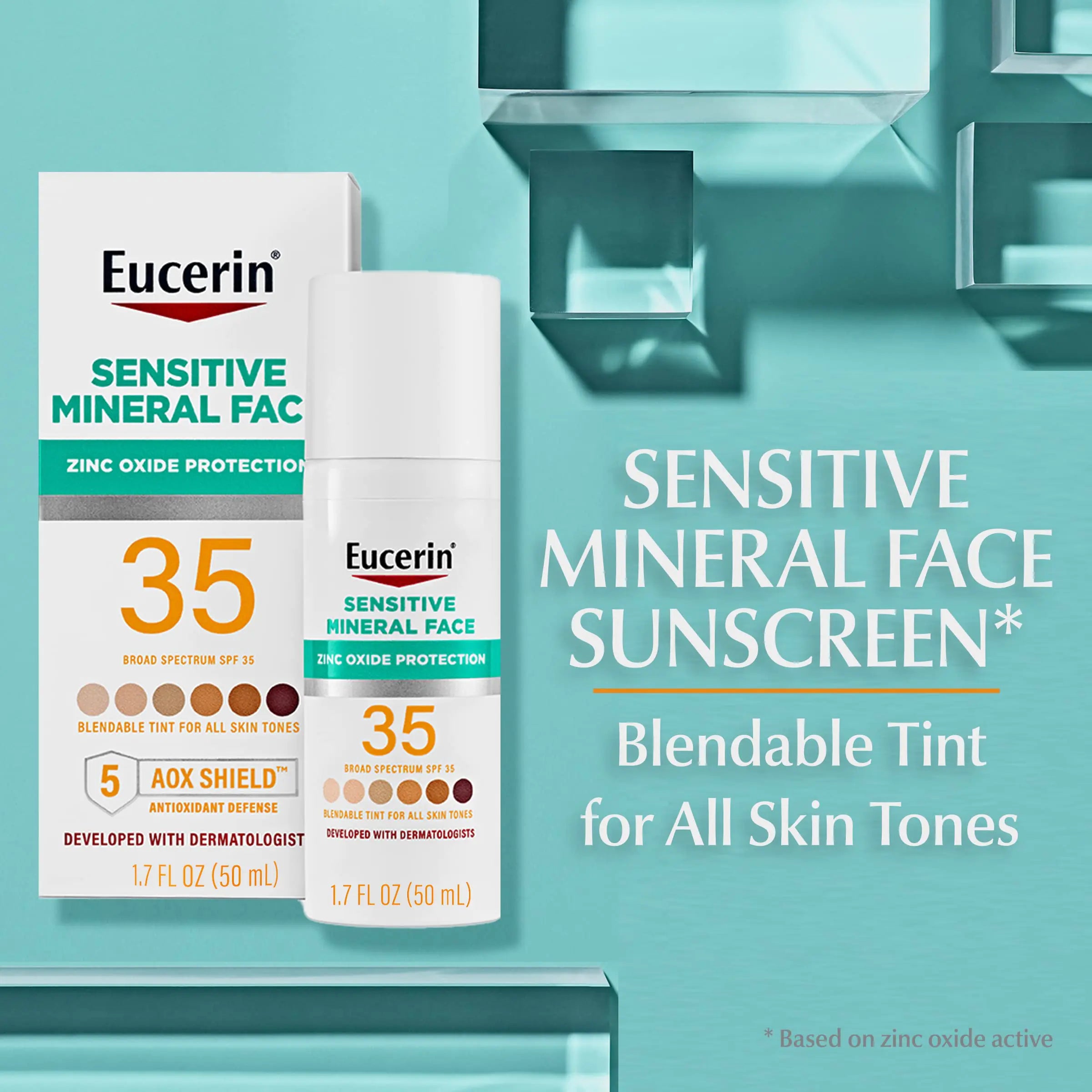 Eucerin Sun Tinted Mineral Face Sunscreen Lotion SPF 35, écran solaire minéral non comédogène avec protection douce à l'oxyde de zinc pour les peaux sensibles, flacon de 1,7 fl oz