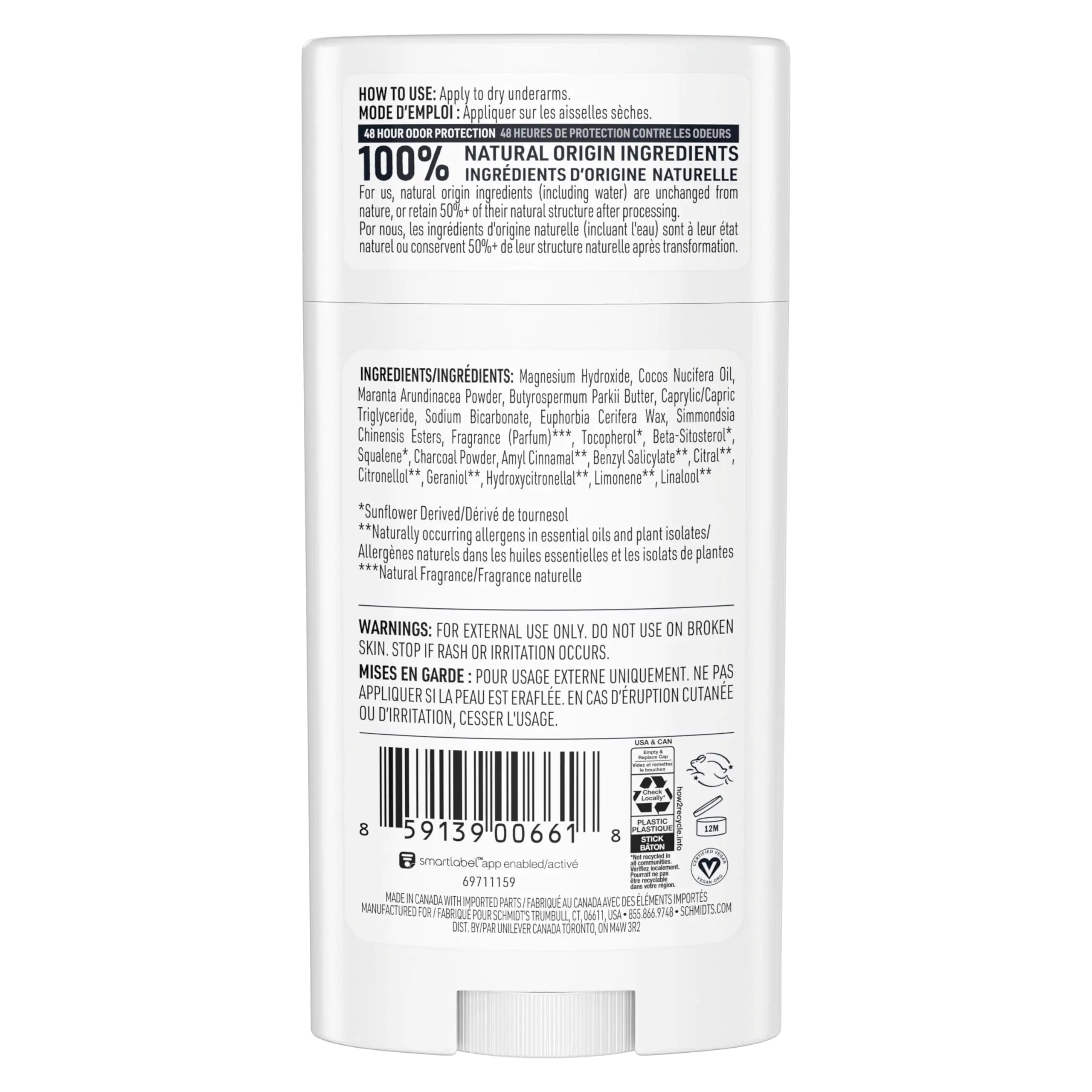 Desodorante vegano sin aluminio de Schmidt con carbón y magnesio que protege contra el mal olor las 24 horas, 4 unidades para mujeres y hombres, ingredientes naturales, sin crueldad animal, 2,65 oz 