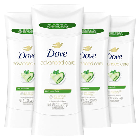 Dove Advanced Care Antiperspirant Deodorant Stick Cool Essentials (4-Pack) – 72-Hour Odor Control & Skin Barrier Care