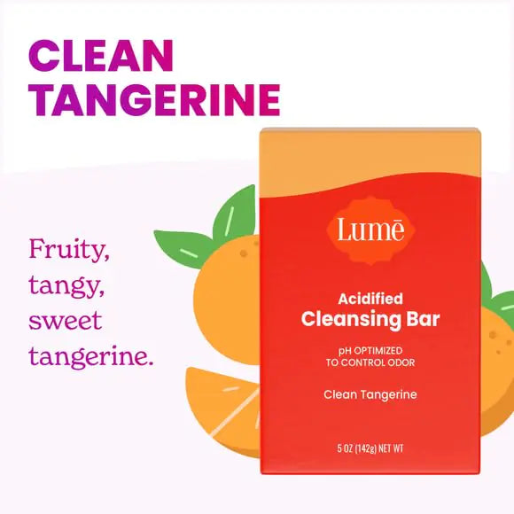 Barra limpiadora corporal acidificada Lume - Control de olores las 24 horas - Elimina el olor mejor que el jabón - Fórmula humectante - Formulada sin SLS ni parabenos - Desarrollada por obstetras y ginecólogos - 5 onzas (Clean Tangerine) Clean Tangerine 