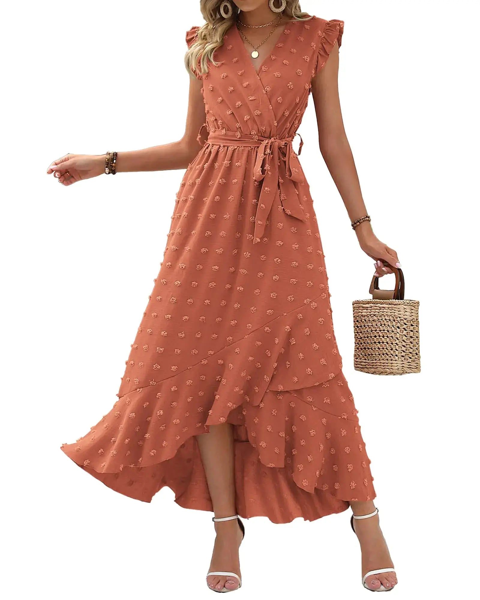 BTFBM Women Summer V Neck Dress - Cap Sleeve Swiss Dot_Vivareflex_Online