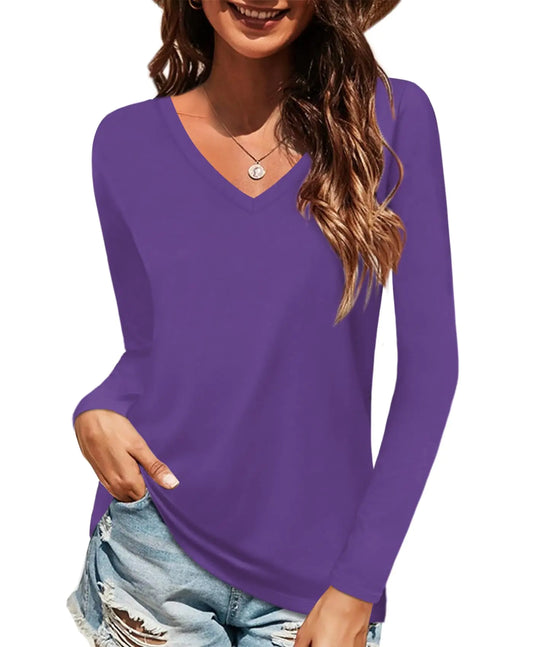 Elesomo Women Shirts V Neck Short/Long Sleeve Cotton Tops T-Shirt Basic Tees Large A:purple - Vivareflex Online