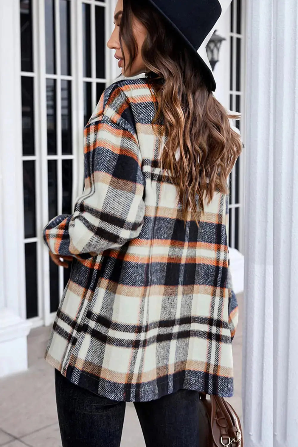 Beaully Women's Flannel Plaid Shacket Long Sleeve Button Down Shirts Jacket Coats with Side Pockets Orange X-Large - Vivareflex Online