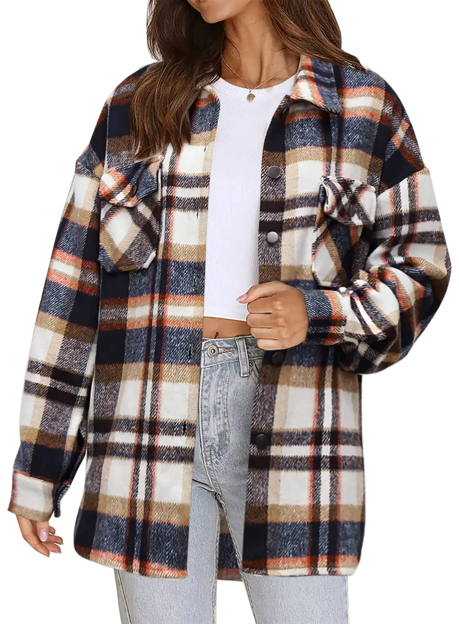 Beaully Women's Flannel Plaid Shacket Long Sleeve Button Down Shirts Jacket Coats with Side Pockets Orange X-Large - Vivareflex Online