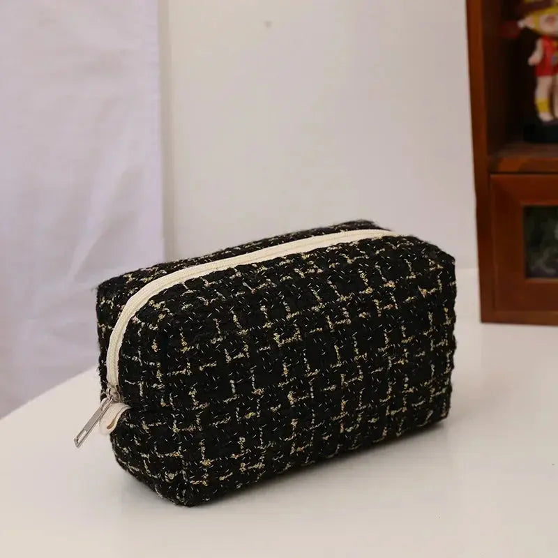 Black Canvas Plaid Travel Cosmetic Lipstick Storage Bag Cute Girls Makeup Handbags Organizer Stationery Pencil Cases Pouch Bag Ultimate Bag Store