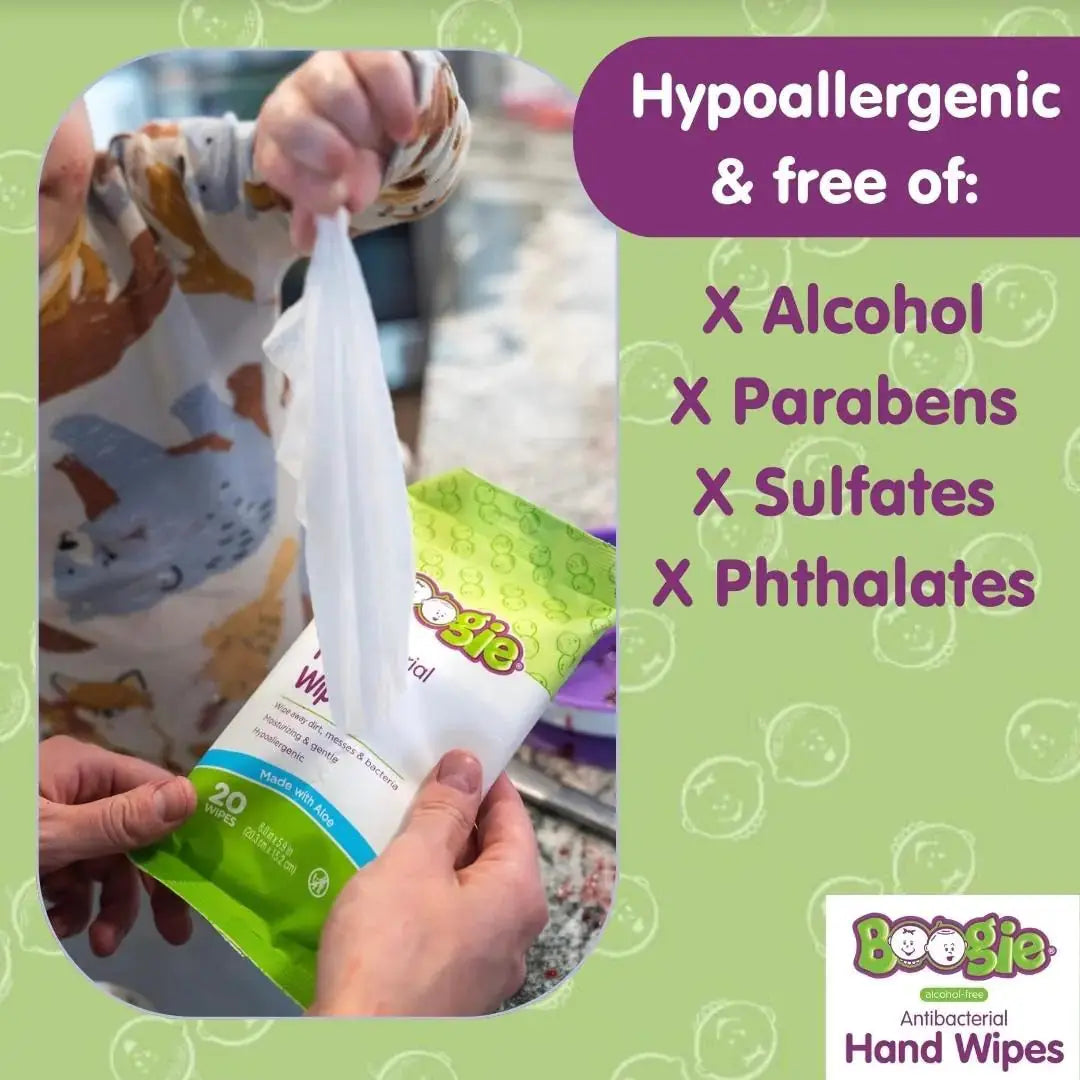 Boogie Antibacterial Hand Wipes - Alcohol-Free, Hypoallergenic & Moisturizing Aloe - Vivareflex Online