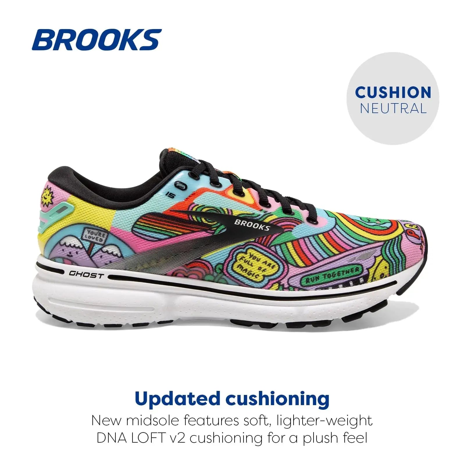 Brooks Women Ghost 15 Neutral Running Shoe - Black/White/Multi_Vivareflex_Online