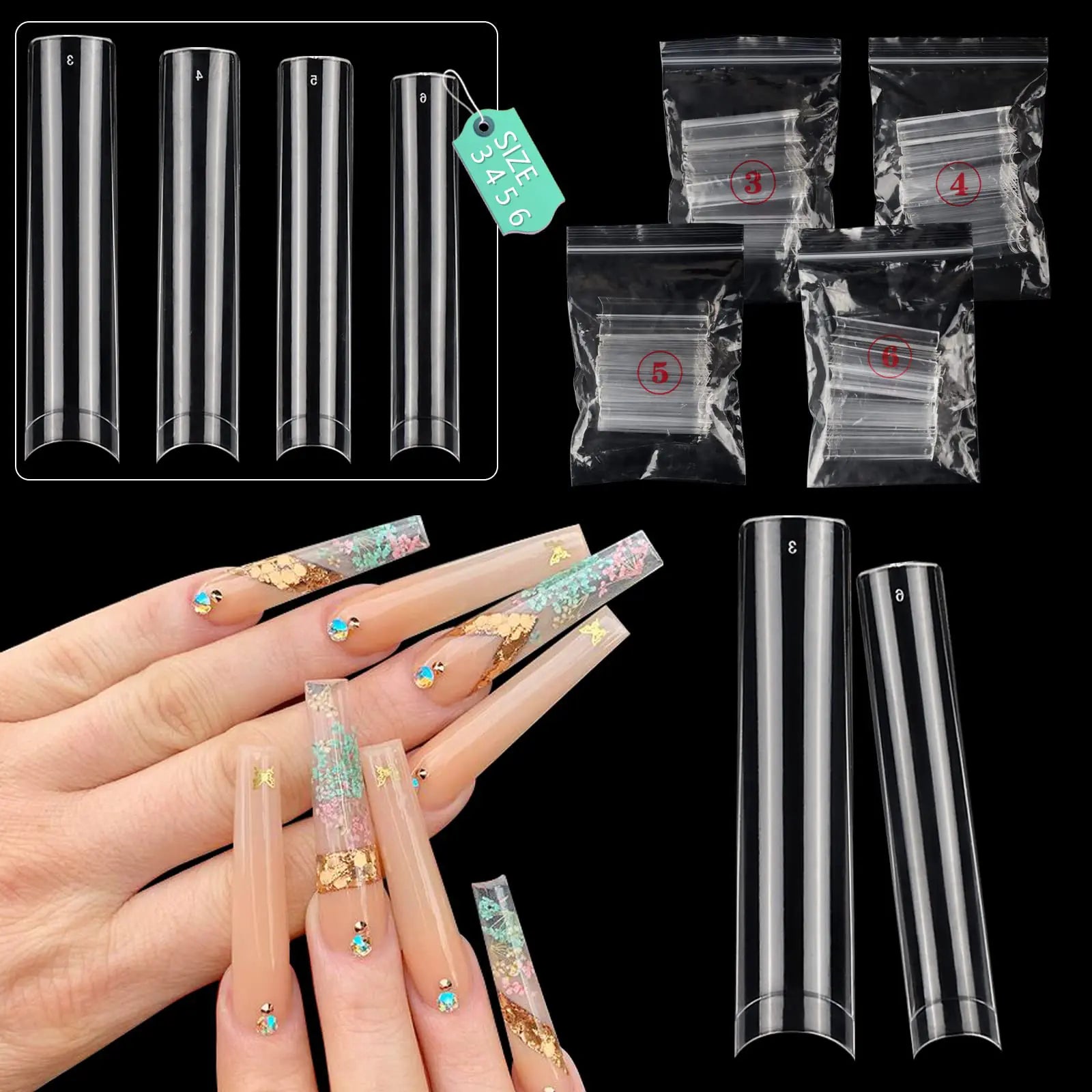 200PCS 3XL Extra Long Square Flat Nail Tips, Half Cover Straight Tapered Square Nail Tips