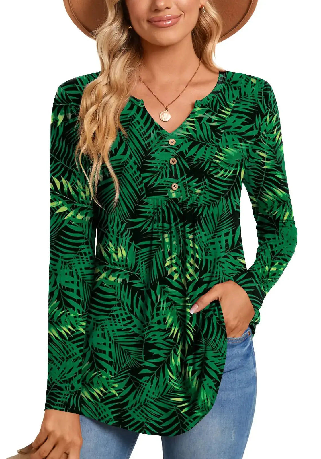 CATHY Womens Long Sleeve Tunic Tops Henley Shirt V-neck Button_Vivareflex_Online