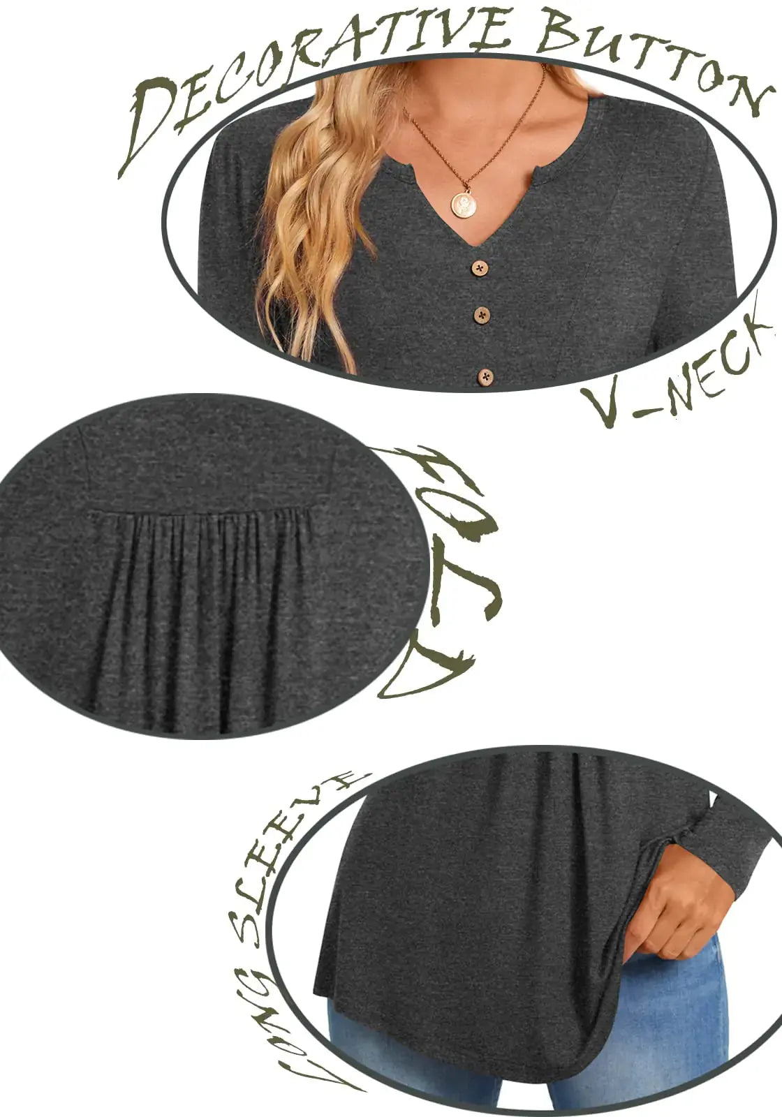 V-neck Button Down Blouse Casual Pleated Basic Pullover Long Green_Vivareflex_Online