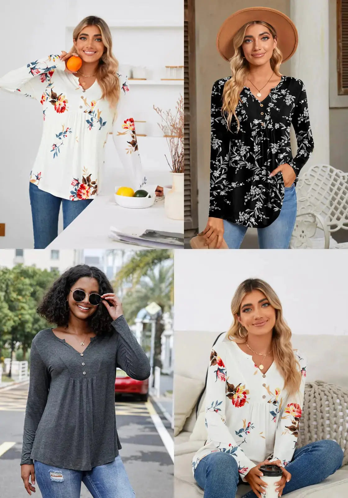 CATHY Womens Long Sleeve Tunic Tops Henley Shirt V-neck Button Down Blouse_Vivareflex_Online