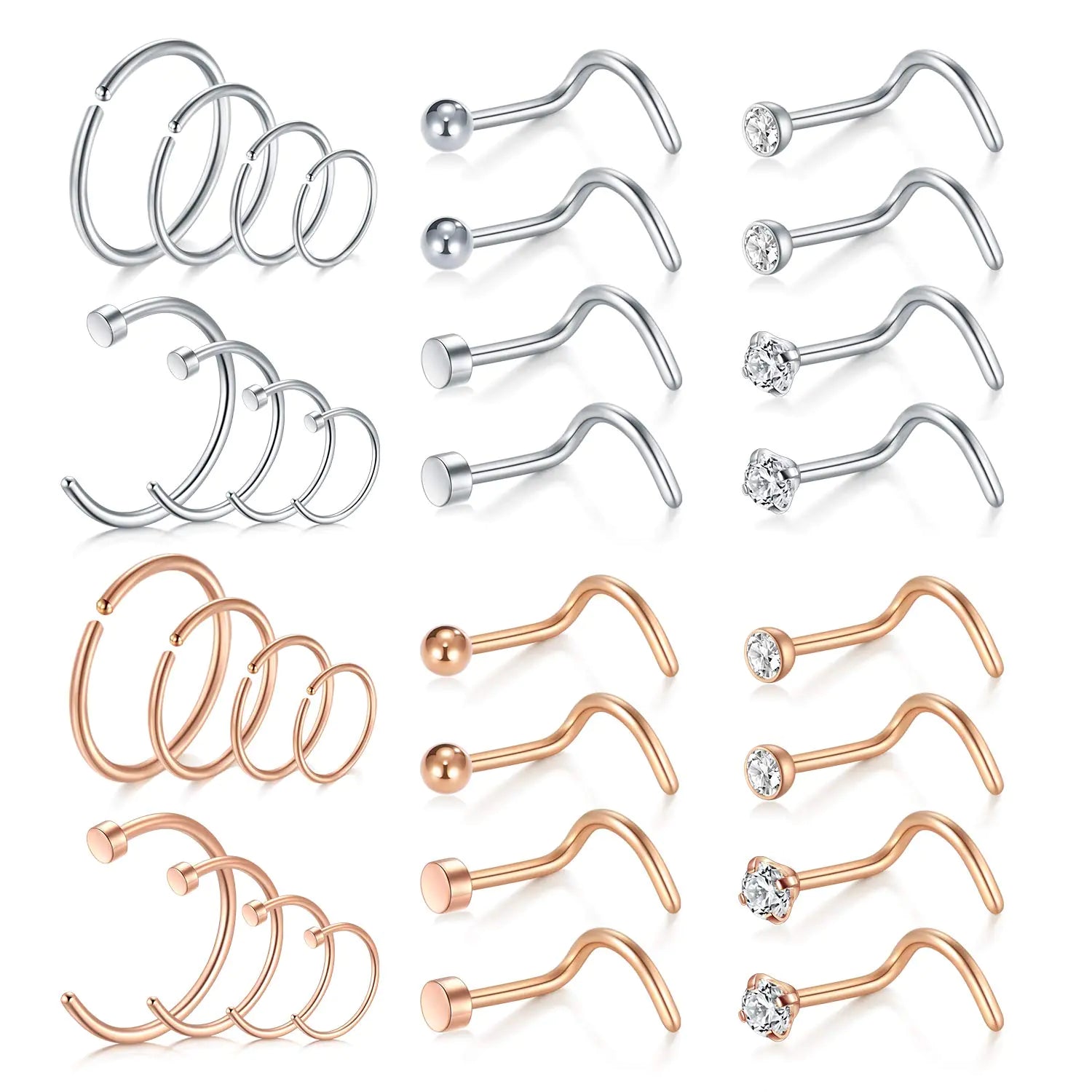 Mayhoop 20g Stainless Steel Nose Rings Hoop L Shape Nose Studs - 28 Pcs Set (Silver, Rose Gold, Black, Rainbow) - Vivareflex Online