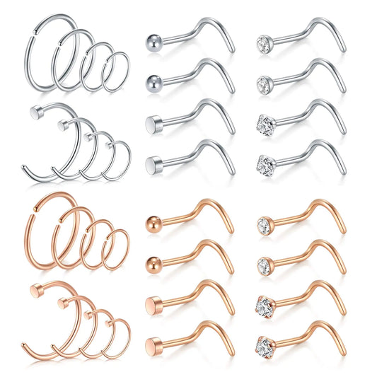 Mayhoop 20g Stainless Steel Nose Rings Hoop L Shape Nose Studs - 28 Pcs Set (Silver, Rose Gold, Black, Rainbow) - Vivareflex Online