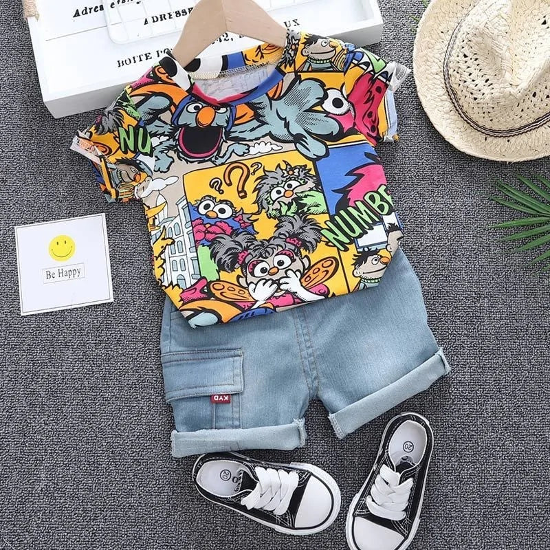 Kid Boys' Summer Graffiti Outfit with Sunhat: T-shirt & Denim Shorts Set Vivareflex Online